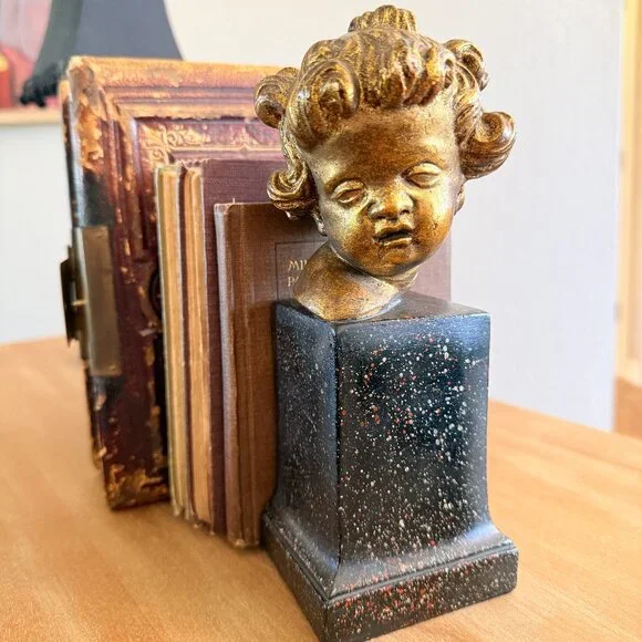 Vintage Borghese Italian Cherub Putti Bookends, Gilt Chalkware Faux Marble Base - Picture 3 of 16